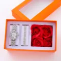 Set orologio da polso al quarzo con strass di lusso da donna bracciale e scatola rose - Con Bracciale Stile 1 / Senza Confezione Regalo / Argento