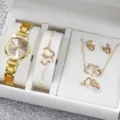 Orologio al quarzo dorato di lusso e set di gioielli con cuore in strass per donne. - Stile a Doppio Cuore Set Gioielli (A1) / Set di Gioielli (Senza Scatola) / Oro