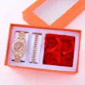 Set regalo di lusso con orologio al quarzo da donna con strass bracciale e rosa di sapone. - Orologio e Bracciale 1 (Senza Scatola) / Oro rosa