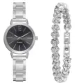 Donna orologio quarzo argento e bracciale cuore cristallo, accessorio gioiello. - Orologio Nero Argento + Bracciale Cuore (A2) / Set da 2 Pezzi (Senza Confezione Regalo)