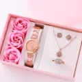 Set regalo orologio al quarzo oro rosa con collana, orecchini, anello e rose di sapone donna. - Set di Gioielli Orologio e Bracciale (Senza Confezione Regalo) / Oro rosa