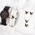 Vista dettagliata dell'orologio in silicone nero e del set di gioielli con farfalle e anello. - Accessorio Gioiello (16, Senza Scatola)