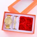 Set regalo orologio al quarzo oro di lusso con bracciale di diamanti e rose rosse. - Orologio + Bracciale 1 (Senza Scatola) / Oro