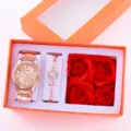 Set regalo orologio da polso al quarzo oro rosa e bracciale con rose rosse artificiali. - Orologio + Bracciale 1 (Senza Scatola) / Oro Rosa