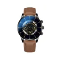 Primo piano del quadrante dell'orologio al quarzo con quadrante blu, lancette dorate e cinturino. - Cassa Nera Cinturino in Pelle Marrone (28)