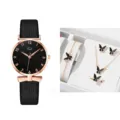Orologio donna al quarzo moda con set regalo gioielli farfalla, cinturino in pelle. - Stile Oro Rosa Nero (Set Gioielli 4+ Senza Scatola)