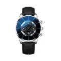 Primo piano orologio da uomo al quarzo con cinturino in pelle nera e quadrante blu. - Cassa Argento Cinturino in Pelle Nera (Quadrante Sfumato Blu Nero)
