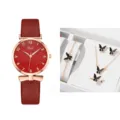 Set regalo orologio donna al quarzo con cinturino in pelle rossa e set gioielli farfalla. - Stile Oro Rosa Rosso (Set Gioielli 3+ Senza Scatola)