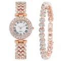 Set orologio da donna al quarzo con strass e bracciale elegante con numeri romani. - Orologio Oro Rosa Con Bracciale (Senza Scatola)