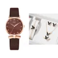 Orologio donna e set regalo gioielli con farfalla, cinturino in pelle marrone, stile alla moda. - Stile Oro Rosa Marrone (Set Gioielli 2+ Senza Scatola)