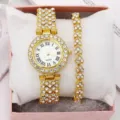 Set orologio al quarzo e bracciale con strass da donna, design dorato di lusso con numeri romani. - Orologio Oro Con Bracciale E Scatola Regalo