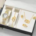 Fantastico orologio al quarzo con numeri romani strass e set di gioielli vista dettaglio. - Orologio Oro Con Gioielli (Senza Scatola)