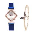 Orologio donna quadrato al quarzo con cinturino in maglia blu e bracciale con farfalla di cristallo - Set di bracciali a farfalla / Blu