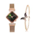 Set orologio al quarzo donna con quadrante verde romboidale unico e bracciale con farfalla - Set di bracciali a farfalla / Verde