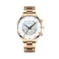 Primo piano dettagliato di un elegante orologio da uomo al quarzo in oro rosa con quadrante. - Cinturino in Maglia Oro Rosa (Quadrante Bianco)