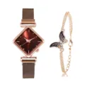 Set orologio e bracciale da donna quadrante rombo oro rosa cinturino maglia marrone regalo gioiello - Set di bracciali a farfalla / Marrone