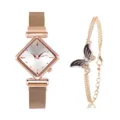 Set orologio da donna al quarzo con quadrante a rombo e bracciale con farfalla e strass. - Set di bracciali a farfalla / Oro rosa