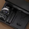 Orologio uomo quarzo acciaio nero bracciale collana anello set regalo lusso stile - Prezzo Diretto di Fabbrica / Set da 4 pezzi orologio con cinturino in acciaio nero e gioielli (B1)