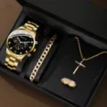 Set regalo gioielli orologio al quarzo oro uomo con bracciale in acciaio anello e collana - Prezzo Diretto di Fabbrica / Set da 4 pezzi orologio con cinturino in acciaio dorato e gioielli (B2)