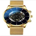 Orologio da uomo al quarzo dorato con quadrante blu e cinturino in maglia metallica elegante. - Cinturino in Maglia Oro (Quadrante Blu Profondo)
