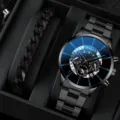 Set Regalo Orologio al Quarzo Nero e Bracciale a Catena da Uomo Elegante Orologio Polso - Cassa e Cinturino in Metallo Tutto Nero Indici Blu (33) / Set Orologio + Bracciale in Metallo (Senza Confezione Regalo) / Nero