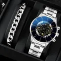 Orologio al quarzo da uomo e set di bracciali con catena in argento per uso quotidiano. - Cassa in Metallo Argento Quadrante Rotondo Blu (34) / Set Orologio + Bracciale in Metallo (Senza Confezione Regalo) / Argento