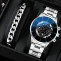 Orologio Quarzo Uomo e Bracciale Acciaio Inox Set Regalo Moda Stile Casual - Cinturino in Acciaio Inossidabile Argento Quadrante Blu Nero (35) / Set Orologio + Bracciale in Metallo (Senza Confezione Regalo) / Argento