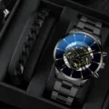Set regalo orologio al quarzo nero da uomo e bracciale a catena moda casual elegante - Cinturino in Maglia Metallica Nera Quadrante Blu Indici Oro (32) / Set Orologio + Bracciale in Metallo (Senza Confezione Regalo) / Nero