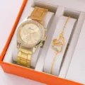 Set orologio al quarzo dorato e bracciale doppio cuore in confezione regalo arancione - Con Bracciale Doppio Cuore / Senza Confezione Regalo / Oro