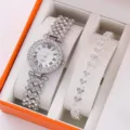 Luxury rhinestone quartz watch and bracelet set for women, elegant gift box packaging detail. - Watch and Bracelet / No Gift Box / Silver