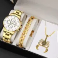 Orologio uomo oro al quarzo bracciale catena grossa collana pendente scorpione - 5+Set di Gioielli (Senza Confezione Regalo)