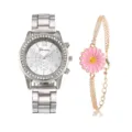 Women quartz watch and pink daisy bracelet set, silver metal strap rhinestone bezel stylish - Watch And Bracelets / Silver