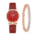 Orologio al quarzo con cinturino in pelle rossa e set bracciale quadrifoglio cristallo donna. - Set di Bracciali a Quadrifoglio / Rosso + Bracciale