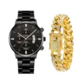 Set orologio al quarzo nero da uomo e bracciale a maglia cubana dorato con data attuale. - Stile 7 Con Bracciale