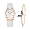 Orologio donna al quarzo cinturino pelle bianca set bracciale farfalla moda casual - Modello 4 / Bianco + braccialetto a farfalla