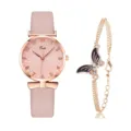 Orologio al quarzo con cinturino in pelle rosa e set bracciale farfalla per donne. - Modello 6 / Bracciale farfalla rosa