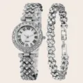 Set orologio al quarzo e bracciale in strass argento da donna, elegante quadrante con numeri romani. - Orologio E Bracciale / Argento