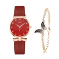 Set orologio da polso donna cinturino pelle rossa quarzo con bracciale ciondolo farfalla. - Stile 1 / Bracciale farfalla rosso