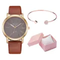 Set orologio al quarzo donna cinturino pelle marrone cassa oro bracciale scatola. - Con Bracciale E Stile Confezione Regalo (Y015) / Marrone