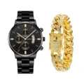 Orologio al quarzo nero da uomo e bracciale maglia cubana dorato con strass set elegante. - Stile 8 Con Bracciale