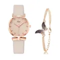 Set orologio quarzo oro rosa donna con cinturino pelle rosa e bracciale farfalla. - modello 3 / Rosa Chiaro + Bracciale Farfalla