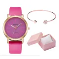 Orologio quarzo cinturino pelle rosa con bracciale cuore e scatola regalo donna elegante. - Con Bracciale E Stile Confezione Regalo (Y015) / Rosso rosa