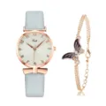 Orologio al quarzo donna cinturino pelle grigia cassa oro rosa con set bracciale farfalla. - Modello 5 / Grigio Chiaro + Bracciale Farfalla