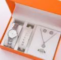 Elegantes Damen Quarz Uhr Armband Halskette Ohrringe Ring Schmuck Geschenk Set - Schmuckset (Ohne Geschenkbox) / Silber Weiß