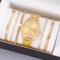 Orologio al quarzo dorato e set regalo di quattro bracciali da donna, gioielli eleganti. - 5 Pezzi (1+) / Collezione Bracciali Oro (Senza Scatola)
