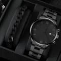 Elegante set di orologio al quarzo e bracciale nero da uomo con numeri romani e data. - Stile 19 Orologio con Set Regalo Braccialetto / Nero
