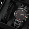 Set regalo orologio al quarzo e bracciale da uomo in nero con numeri romani in oro rosa. - Stile 21 Orologio con Set Regalo Braccialetto / Nero Oro Rosa