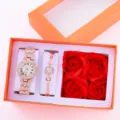 Set regalo orologio da polso al quarzo oro rosa con elegante bracciale e rose rosse. - Set Scatola Regalo Rosa Gioielli / Scatola Regalo Arancione Stile 14