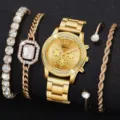 Set orologio da polso al quarzo oro di lusso e bracciale con diamanti donna, elegante regalo. - 5 Pezzi (6+) / Collezione Bracciali Oro (Senza Scatola)