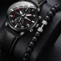 Montre quartz noire pour homme et ensemble de bracelet en perles avec bracelet en cuir. - Style 11 Haltère Ensemble Montre et Bracelet (Sans Boîte Cadeau)